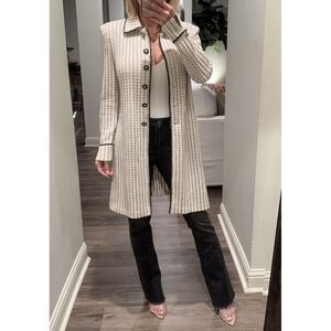 Vintage St. John Collection Marie Gray Long Jacket Coat Cream Black Tweed Gold